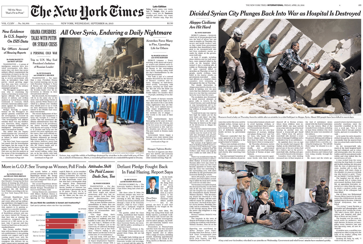 چپ صفحه اول ۱۶ سپتامبر ۲۰۱۵ که دو عکس از شهر دوما در سوریه در آن قرار گرفته‌است. روز ۲۹ آوریل ۲۰۱۶ هم صفحه سرویس بین‌الملل دو عکس از شرایط پس از بمباران هوایی در حلب را نمایش می‌دهد</p>


<p>