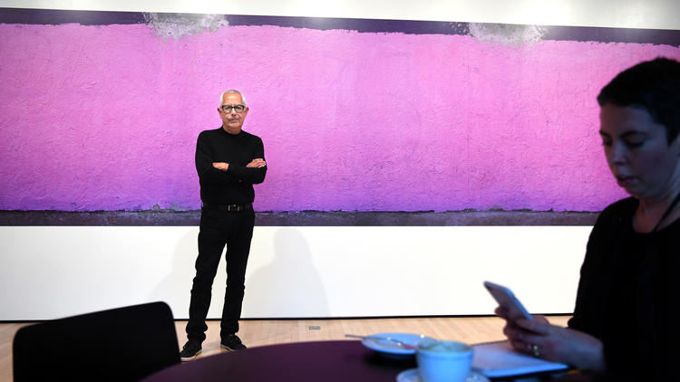 آنتونی هرناندز در برابر یکی از آثار خودش با عنوان «جنوب مرکزی» اثر سال ۲۰۱۵ که در سایز دیواری چاپ شده‌است از موزه هنرهای مدرن سان‌فرانسیسکو (عکس از: والی اسکلالیج – لس‌آنجلس‌تایمز)