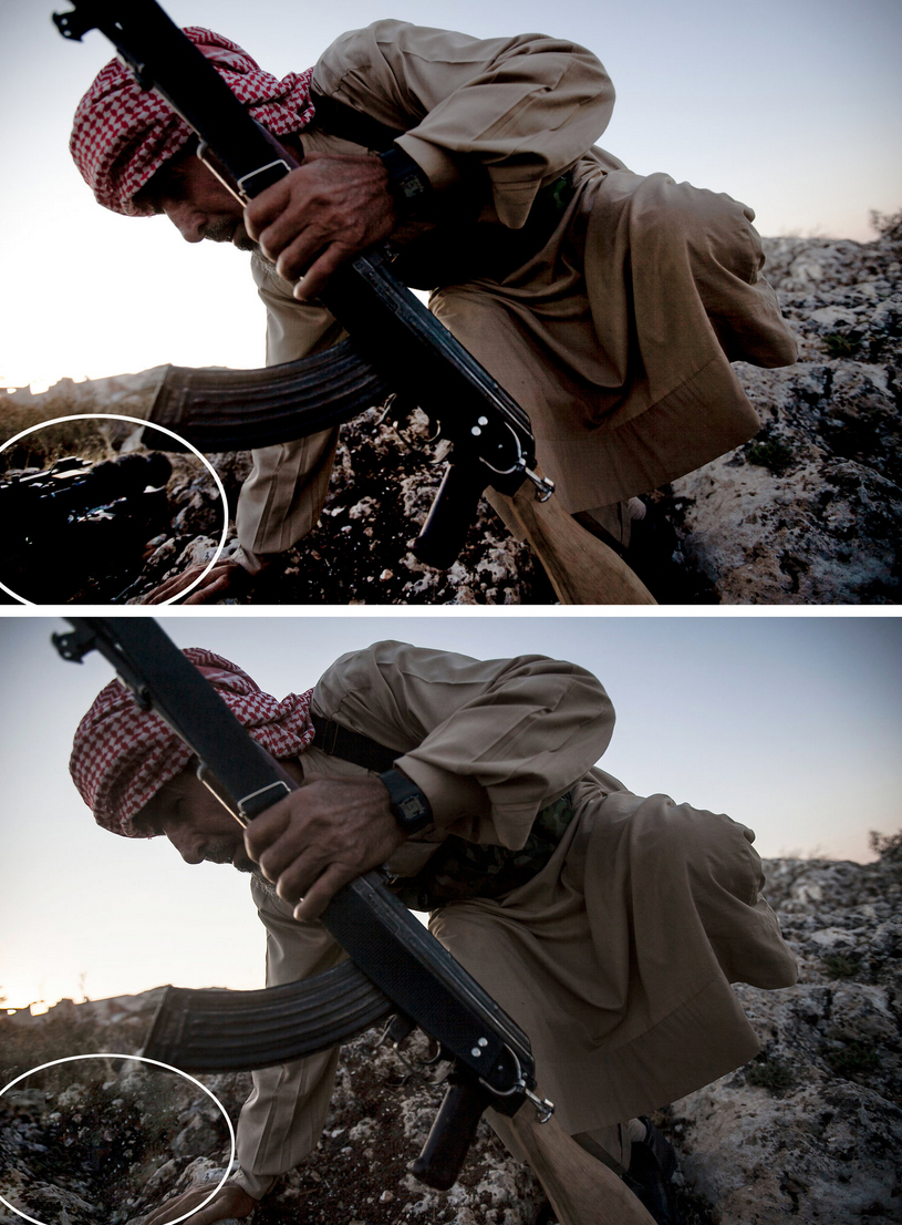 در عکسی که ۲۹ سپتامبر ۲۰۱۳ گرفته شده یک جنگ‌جوی مخالف دولت سوریه در تبادل آتش با نیروهای حکومت سوریه در روستای Telata خط مقدمی در روستای ادلب. در عکس اصلی (عکس اول) دوربین ویدئوی یکی از همکاران در گوشه‌ی سمت چپ قاب دیده می‌شود. Narciso Contreras عکاس آزاد پیش از اینکه این عکس را برای دفتر اسوشیتدپرس بفرستد با حذف دوربین و جایگزین‌کردن بخش‌های دیگری از پس‌زمینه تغییراتی در عکس ایجاد کرد. اسوشیتدپرس رابطه‌ی خود را با Narciso Contreras که استانداردهای اخلاقی را نقض کرده بود، قطع کرد.</p>


<p>